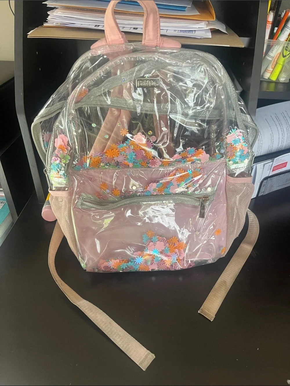 Clear Pink Floral Confetti Kids Backpack